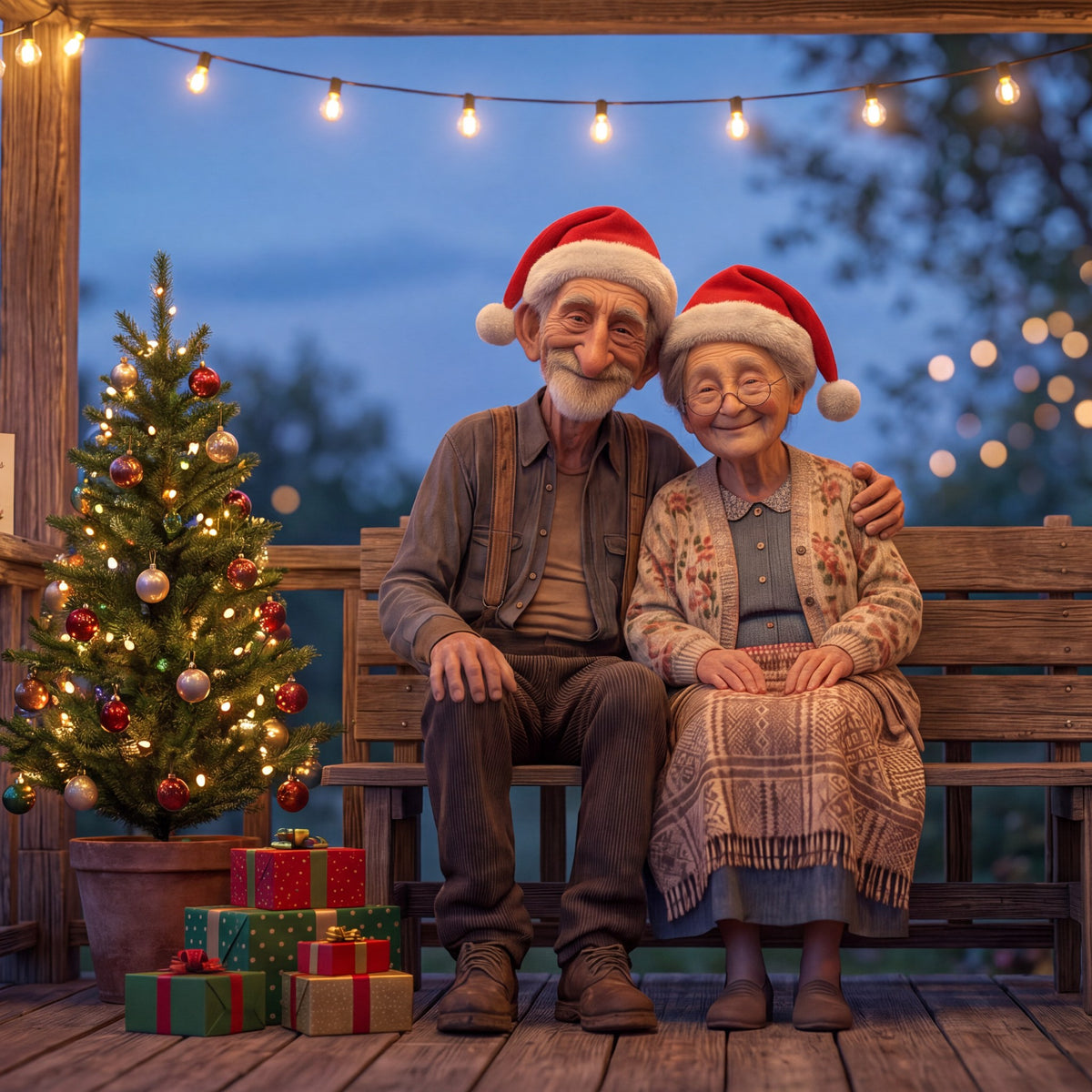 Earl and Ethel sitting together on their porch in Santa hats, beside a lit Christmas tree and a stack of wrapped presents.